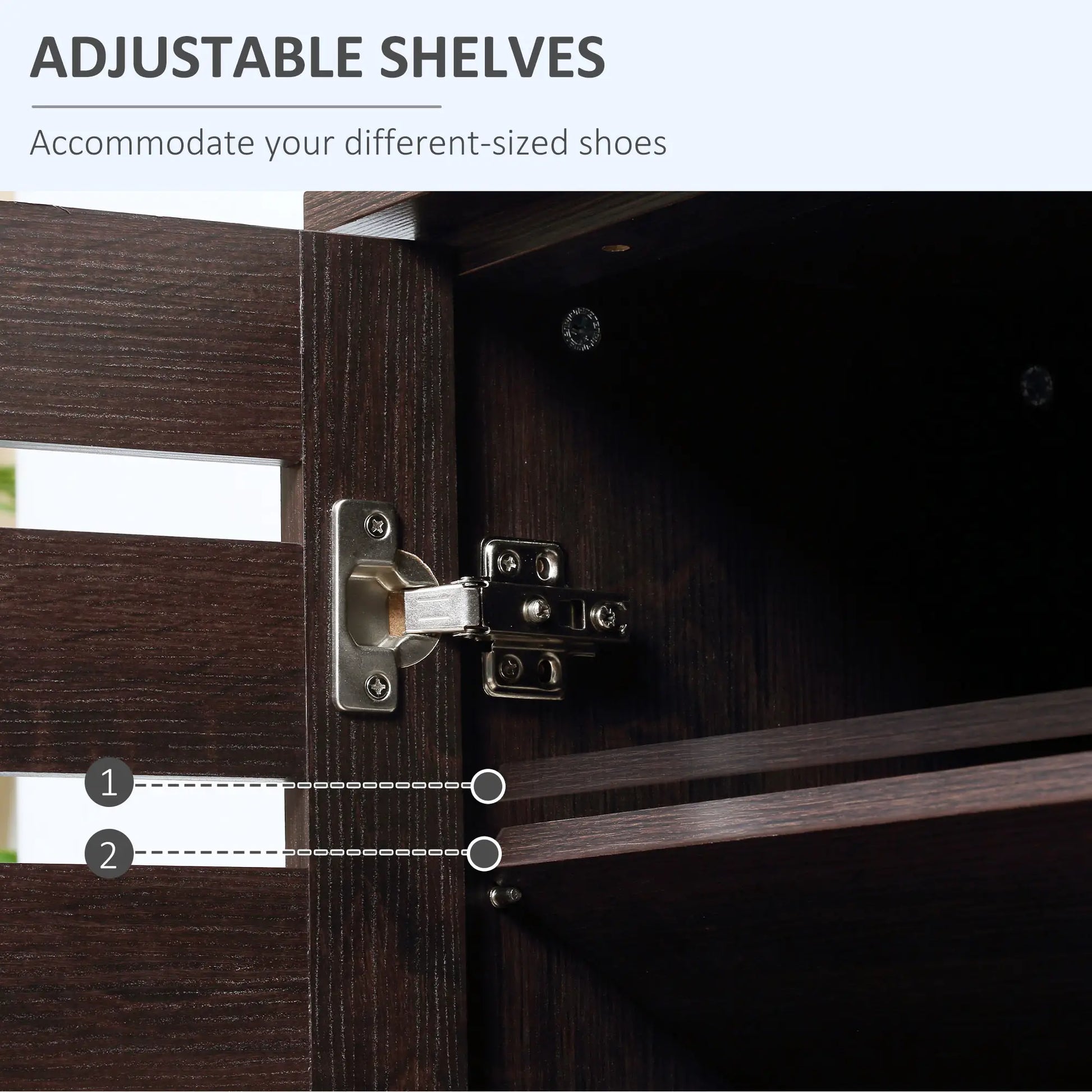 Narrow Shoe Cabinet, 2 Slatted Doors, Adjustable Shelves, Holds 15 Pairs, Dark Brown Shoe Storage Cabinets & Racks at Gallery Canada