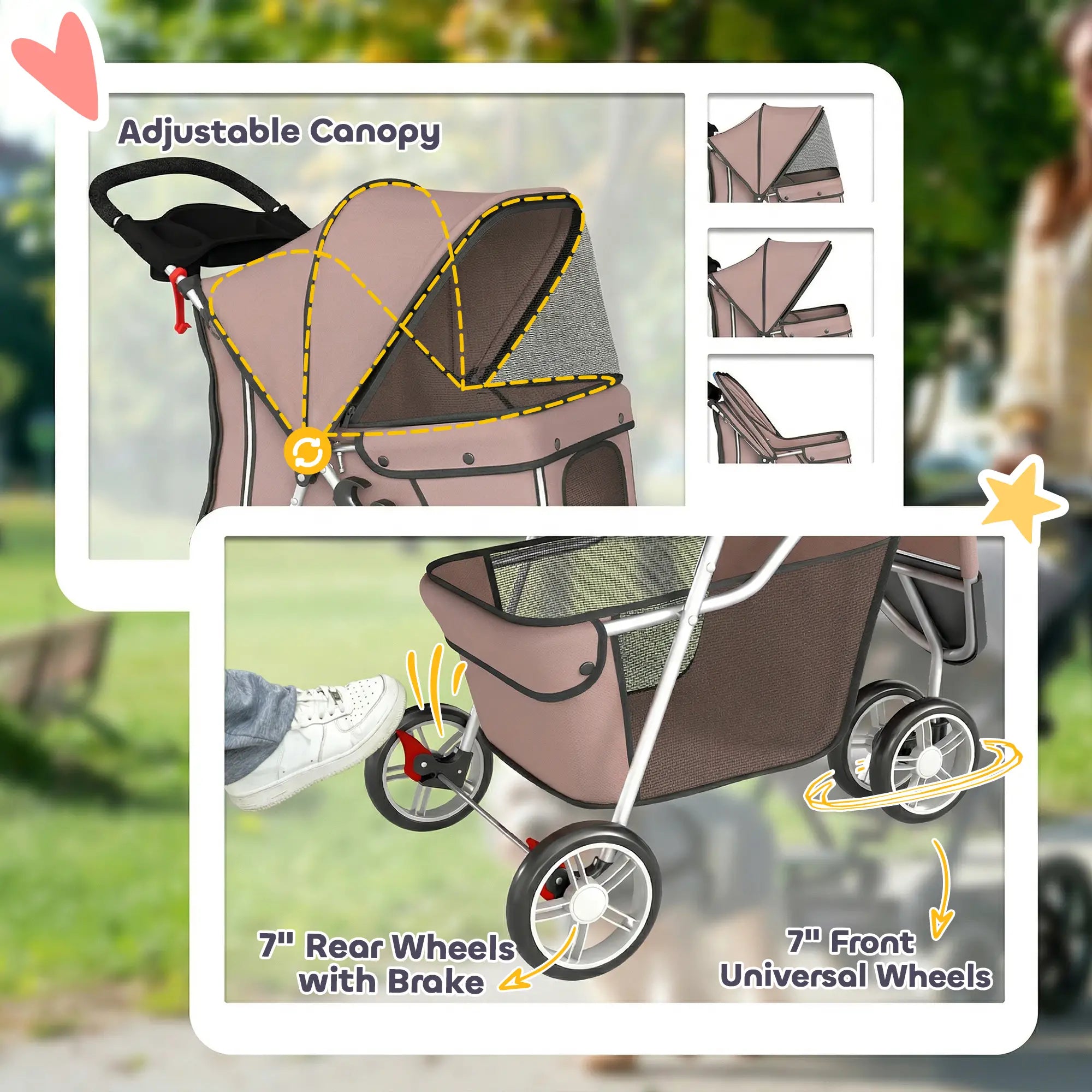 3 Wheels Foldable Dog Stroller, Storage Basket, Adjustable Canopy, Coffee Dog Bike Trailers & Strollers at Gallery Canada