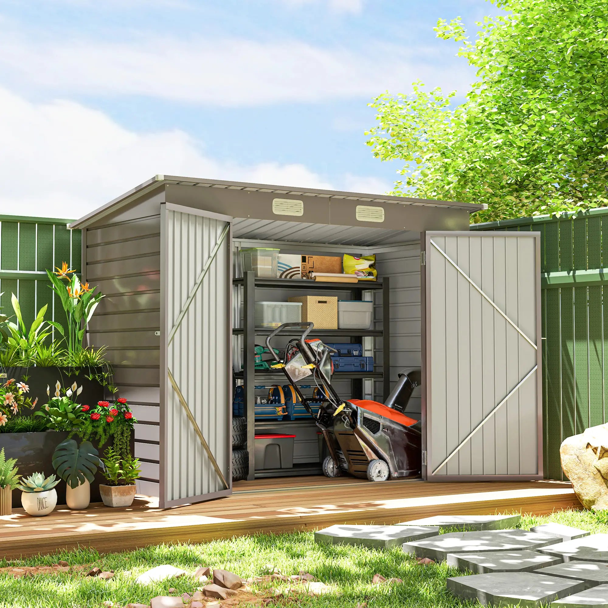 8 x 4FT Galvanized Metal Garden Shed, Double Doors, 2 Vents, Light Grey Sheds at Gallery Canada