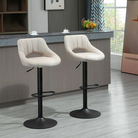 Bar Stools Set of 2, Swivel Counter Height Barstools with Adjustable Height, Linen Upholstered Bar Chairs with Round Metal Base and Footrest, Cream Bar Stools Cream at Gallery Canada