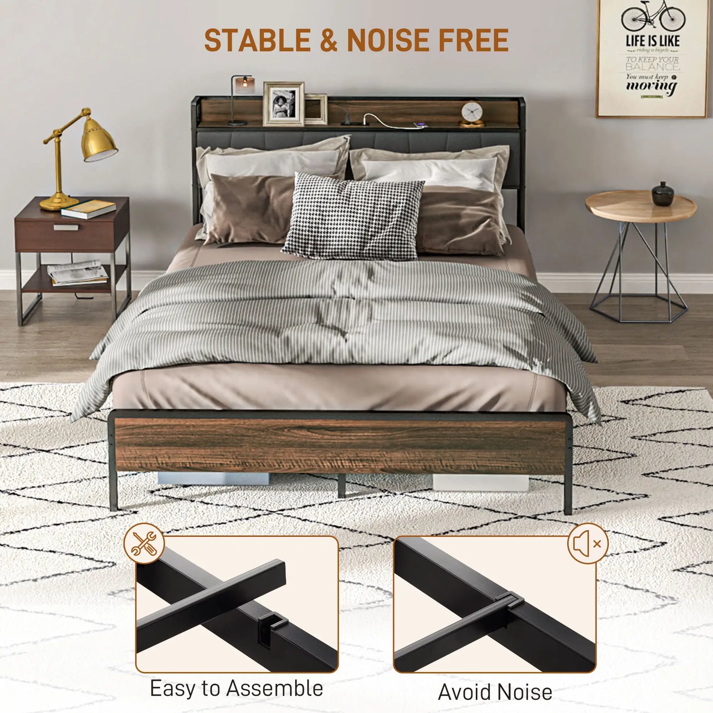 Full Size Bed Frame with Charging Station, Upholstered Headboard, Storage Shelf, Walnut Bed Frames at Gallery Canada