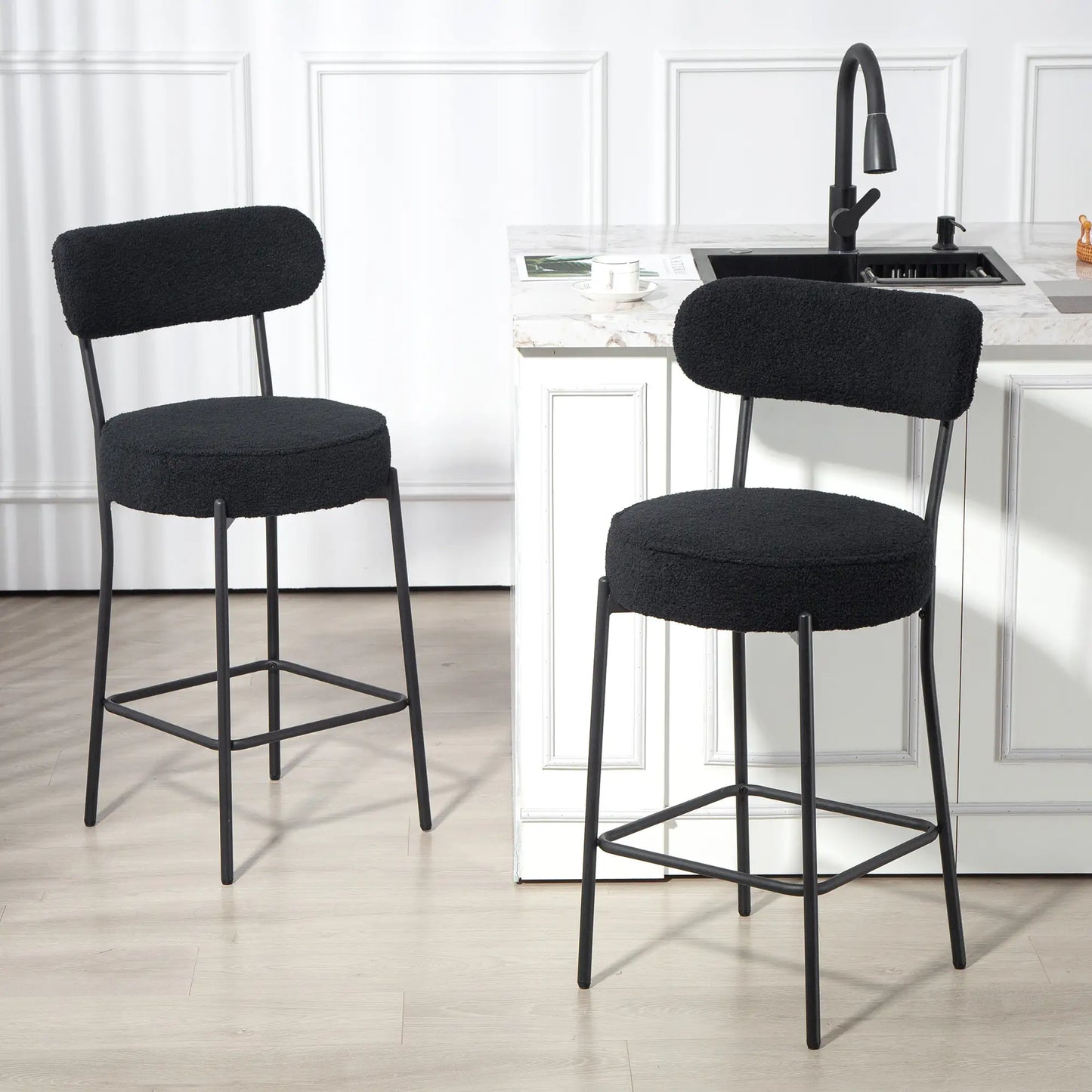 Set of 2 Upholstered Bar Stools with Backrest, Footrest, Black Bar Stools at Gallery Canada