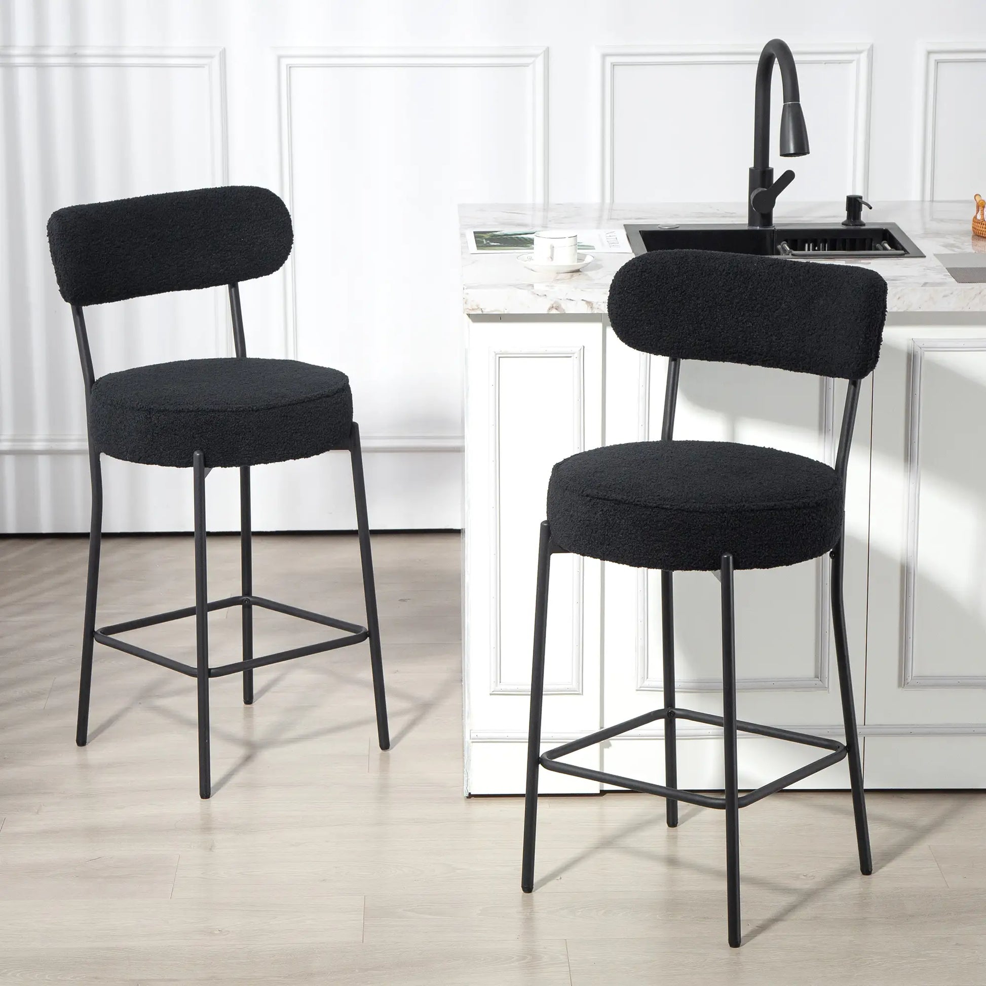 Set of 2 Upholstered Bar Stools with Backrest, Footrest, Black Bar Stools at Gallery Canada
