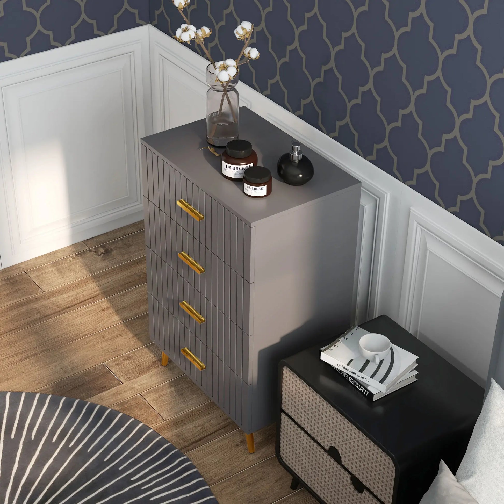 4 Drawer Cabinet, Bedroom Chest, Aluminium Legs, Gold Handles, Dark Grey Storage Cabinets at Gallery Canada