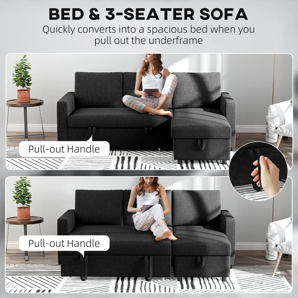 Convertible Corner Sofa Bed, Built-In Storage, 3 Removable Cushions, Black Sofas & Reclining Chairs at Gallery Canada