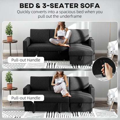 Convertible Corner Sofa Bed, Built-In Storage, 3 Removable Cushions, Black Sofas & Reclining Chairs at Gallery Canada