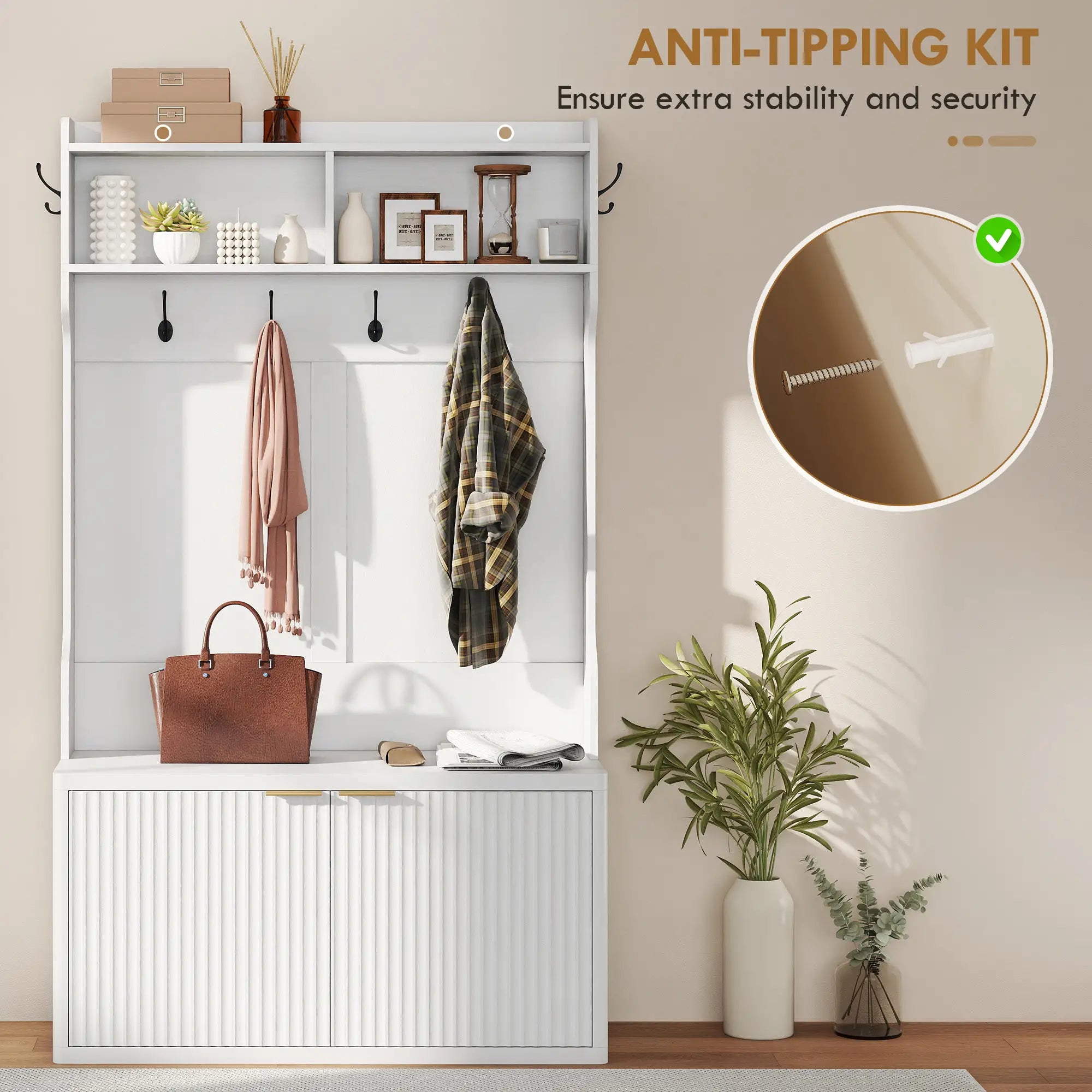 4-In-1 Hall Tree With Shoe Bench, Modern Coat Rack With Open Shelf, White Clothing Storage at Gallery Canada
