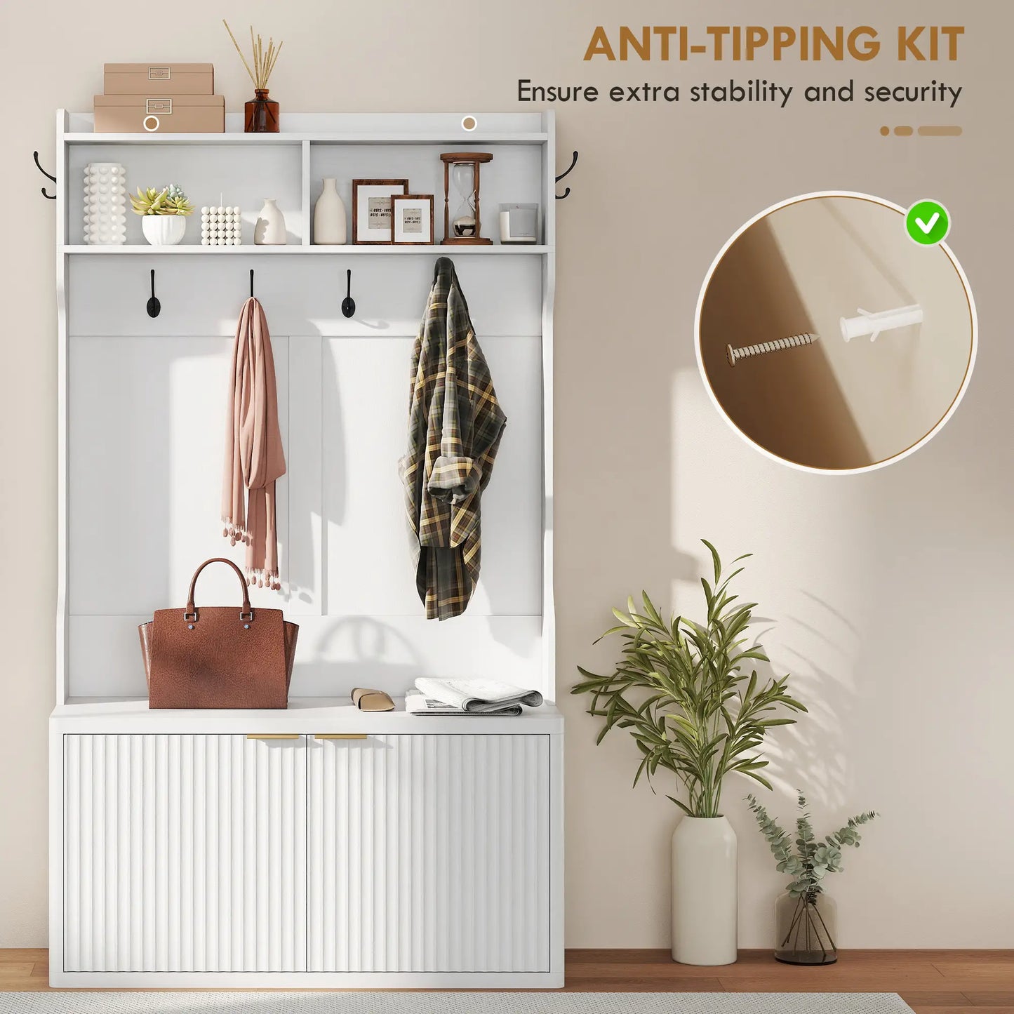 4-In-1 Hall Tree With Shoe Bench, Modern Coat Rack With Open Shelf, White Clothing Storage at Gallery Canada