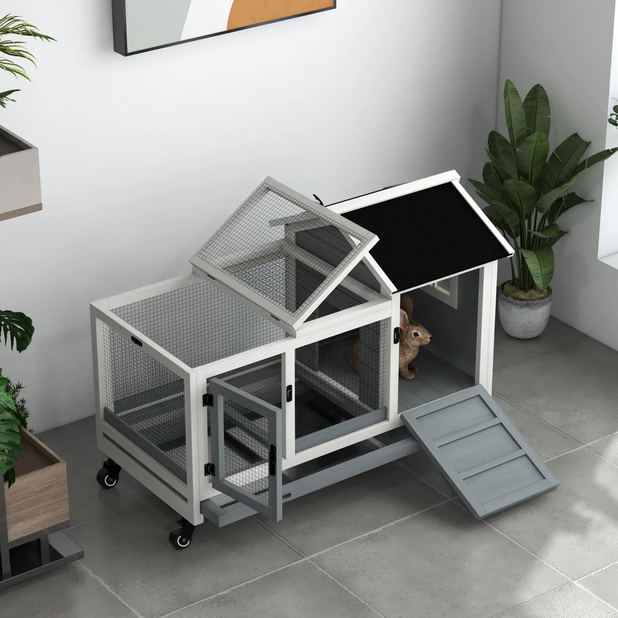 Rabbit Cage With Wheels, Ramp, Run, Tray, Indoor Outdoor, Grey Rabbit Hutch at Gallery Canada