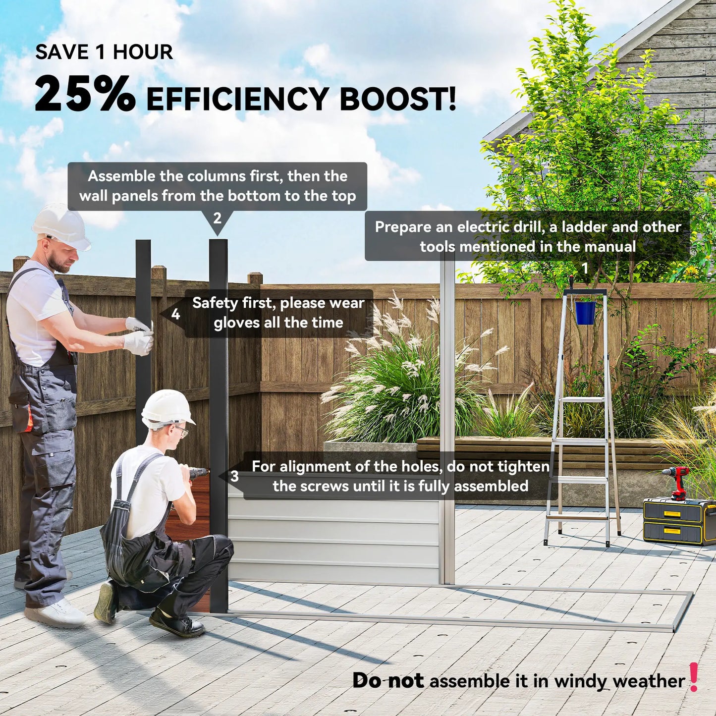 8 x 4FT Galvanized Metal Garden Storage Shed, Double Doors, 2 Vents, Teak