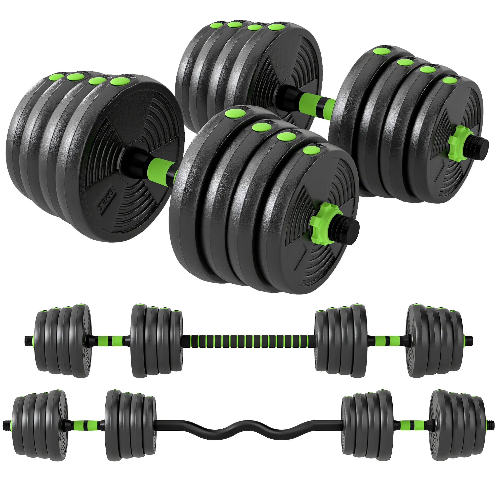 Adjustable Dumbbell Set, 3 in 1 Weights, 66lb with Connector, Non-Slip Grip Dumbbells & Barbells Green at Gallery Canada