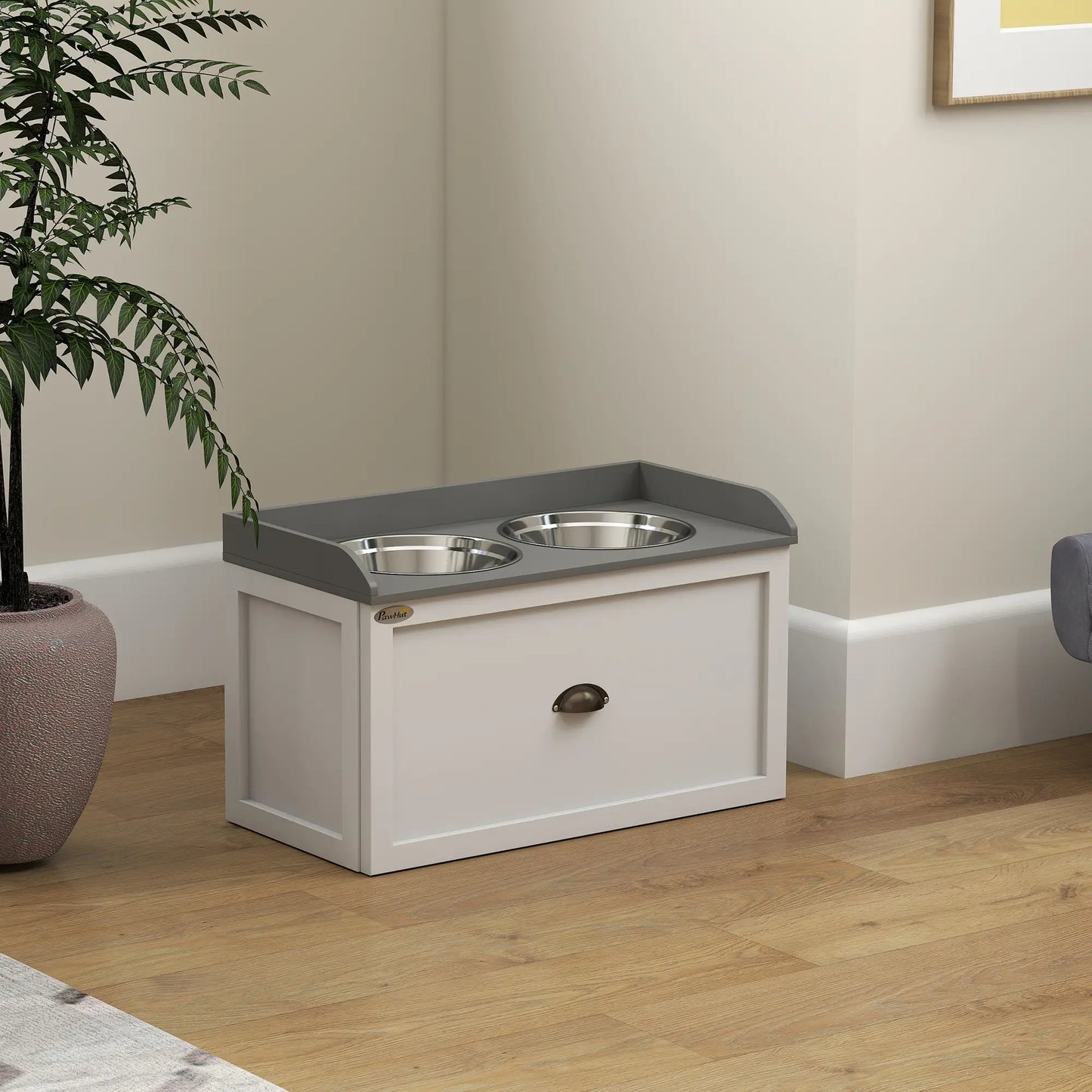 Station d'alimentation pour chiens surélevée, 2 bols en acier inoxydable, 23,6"x11,8"x14,2", blanc