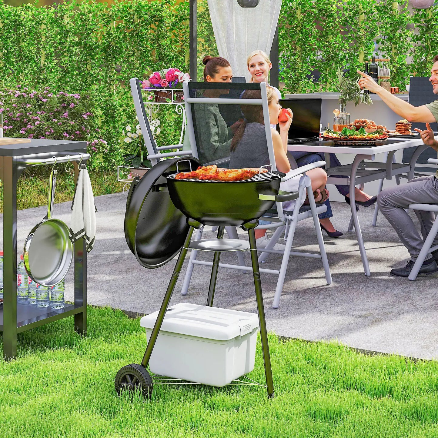 17" Charcoal BBQ Grill With Shelf, Ash Catcher, Wheels, Black