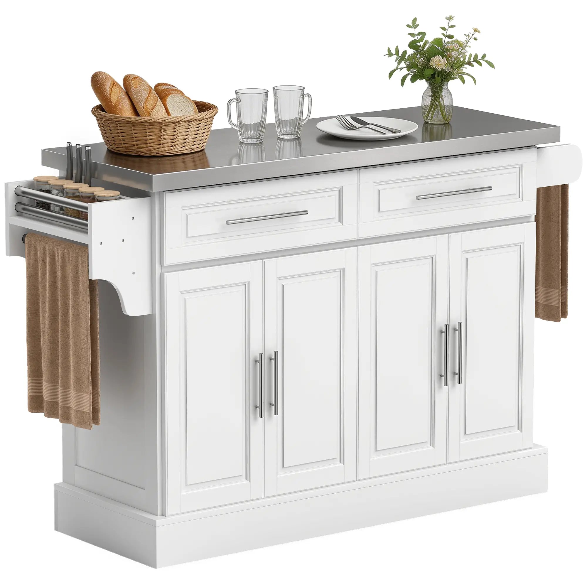 Rolling Kitchen Island with Storage, Stainless Steel Top, Drawers, Cabinets Kitchen Islands & Kitchen Carts White at Gallery Canada