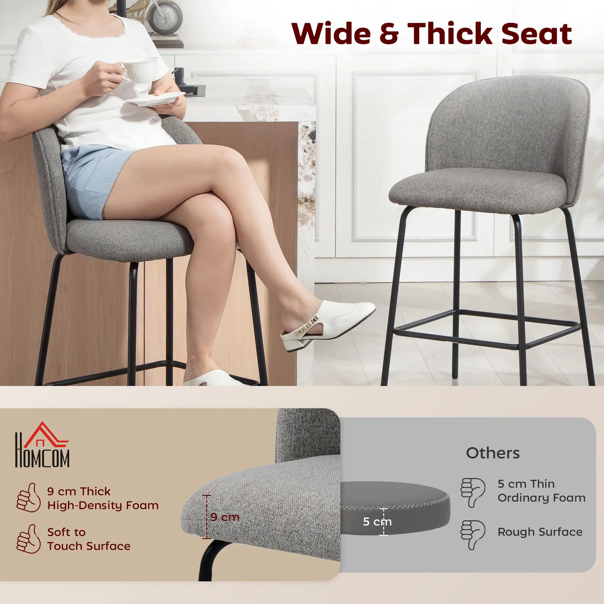 Set of 2 Counter Height Barstools, Upholstered Linen with Backrest, Dark Grey Bar Stools at Gallery Canada