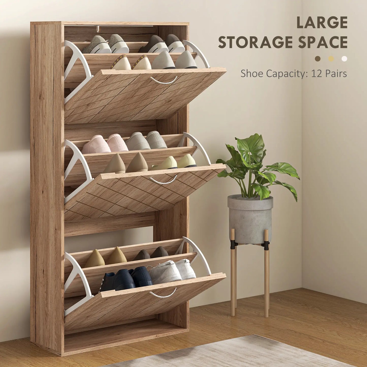 Shoe Storage Cabinet, 3 Flip Drawers, Narrow, 12 Pair Organizer, Nature Wood Shoe Storage Cabinets & Racks at Gallery Canada
