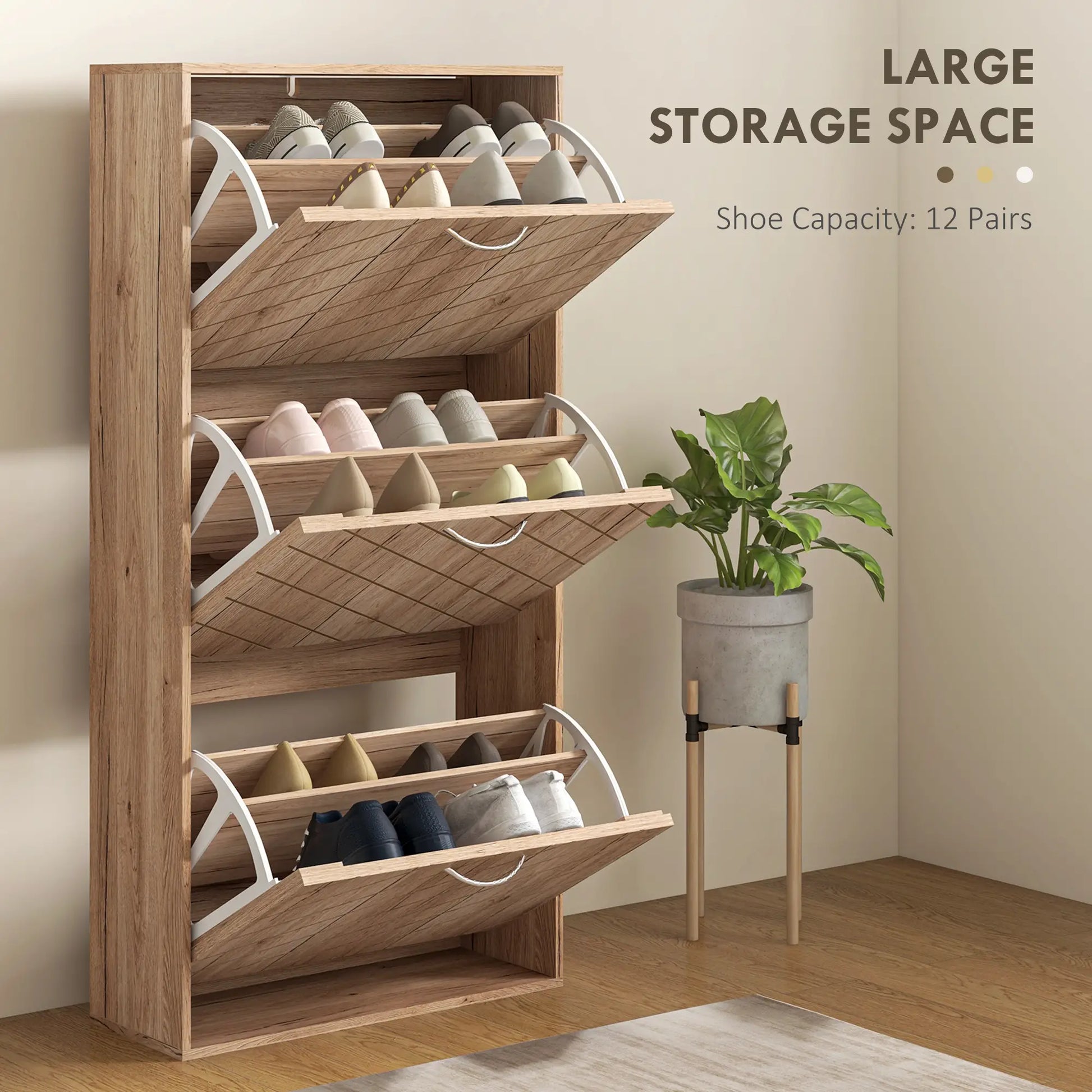 Shoe Storage Cabinet, 3 Flip Drawers, Narrow, 12 Pair Organizer, Nature Wood Shoe Storage Cabinets & Racks at Gallery Canada