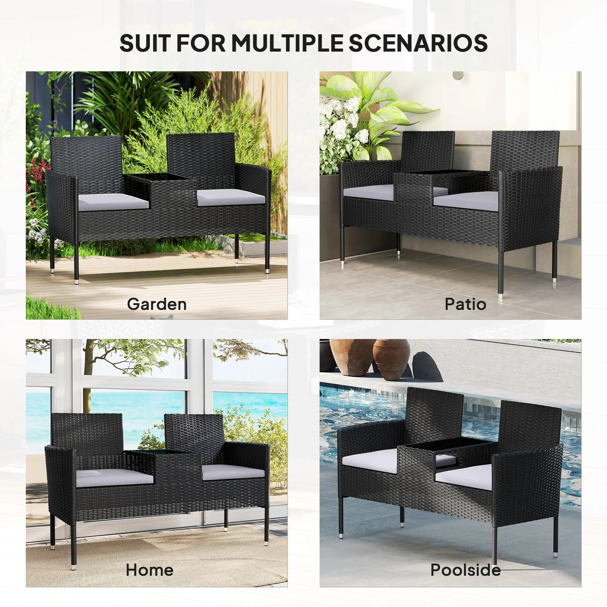 PE Rattan Loveseat with Cushion, Mid-Table, Light Grey Patio Chairs at Gallery Canada