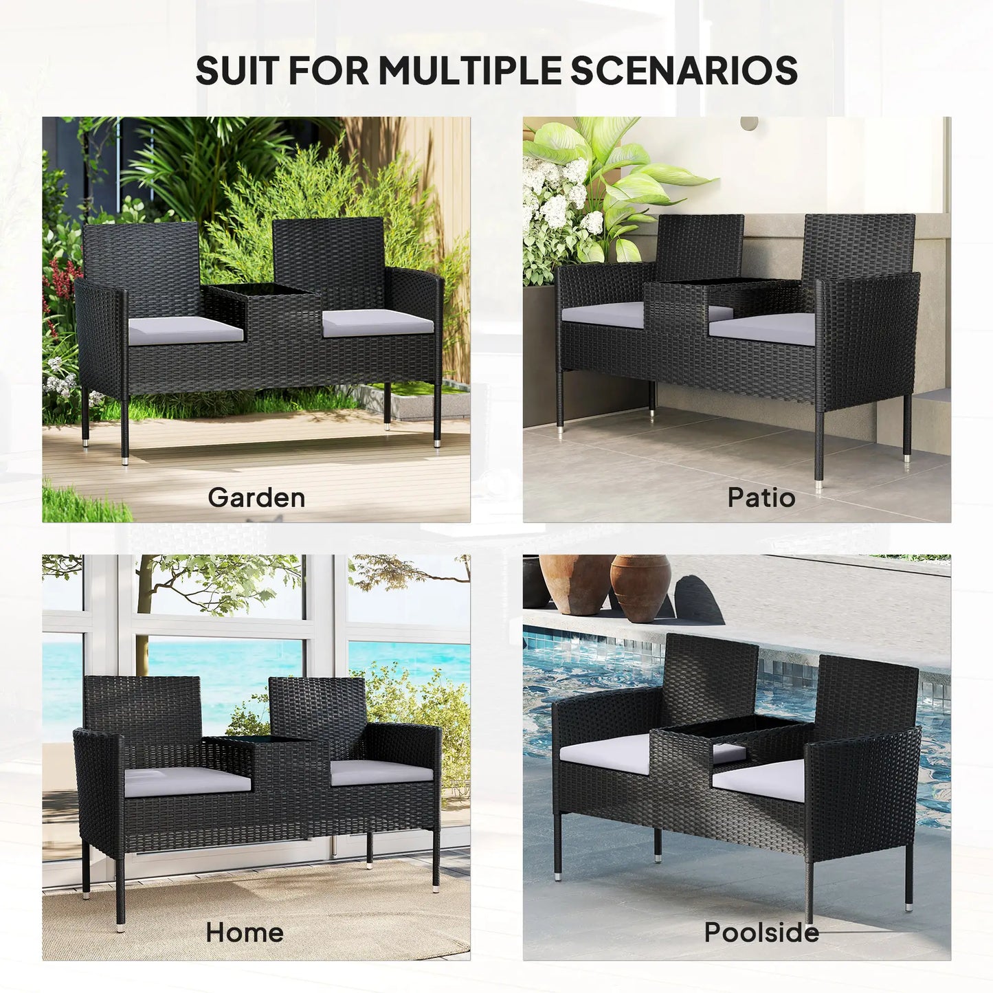 PE Rattan Loveseat with Cushion, Mid-Table, Light Grey Patio Chairs at Gallery Canada