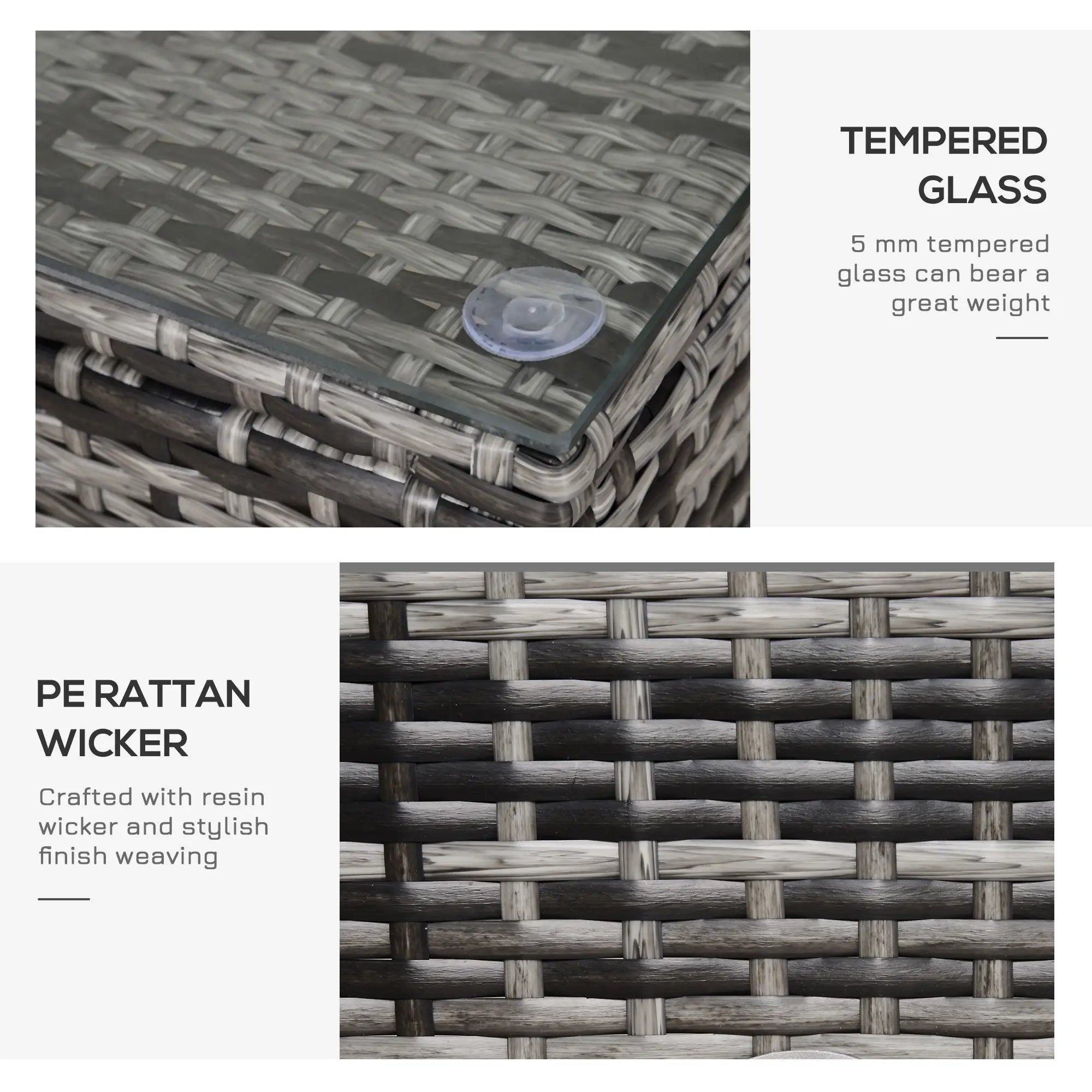 Outdoor PE Rattan Wicker Table, Glass Top, 24in, Mixed Grey Coffee Tables at Gallery Canada