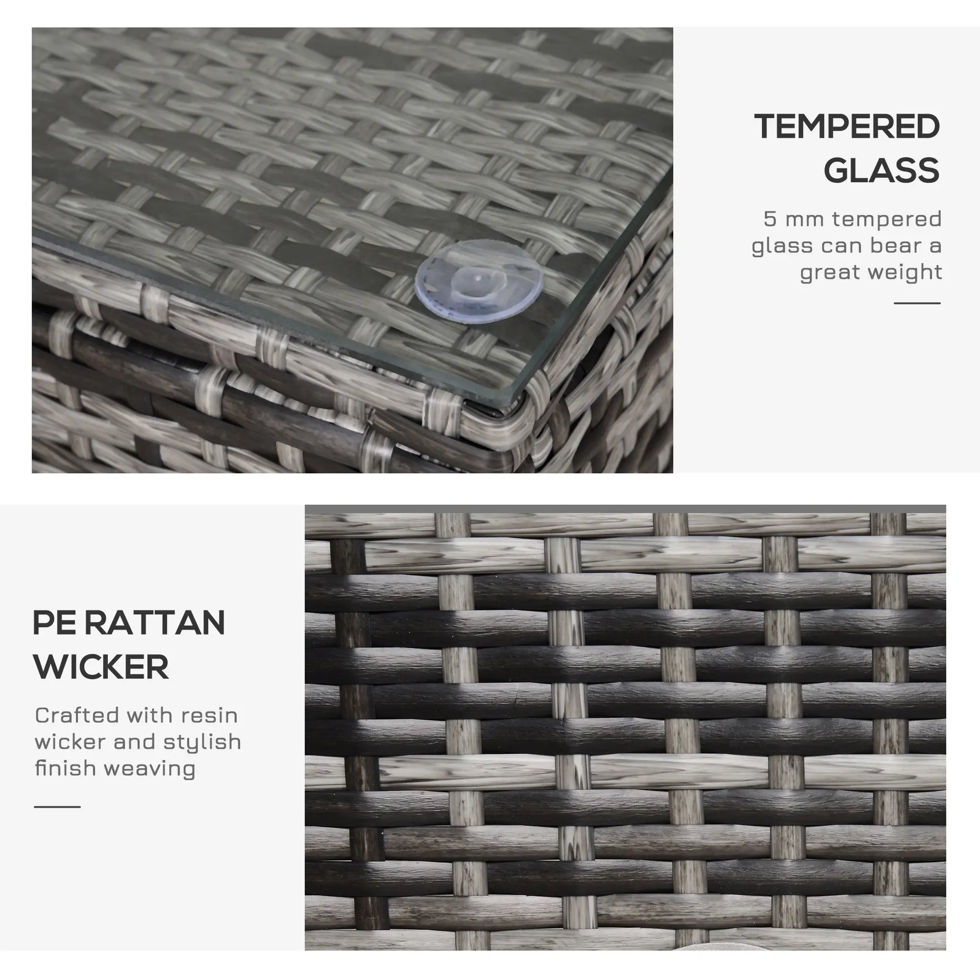 Outdoor PE Rattan Wicker Table, Glass Top, 24in, Mixed Grey Coffee Tables at Gallery Canada