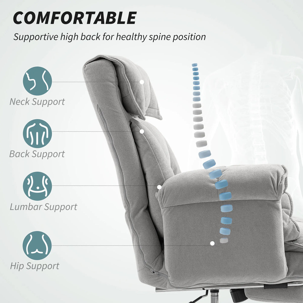 High Back Office Chair, Reclining with Footrest, High Resilience Foam, Swivel Wheels, Light Grey