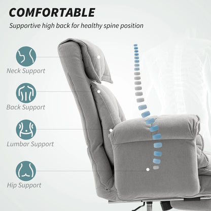 High Back Office Chair, Reclining with Footrest, High Resilience Foam, Swivel Wheels, Light Grey