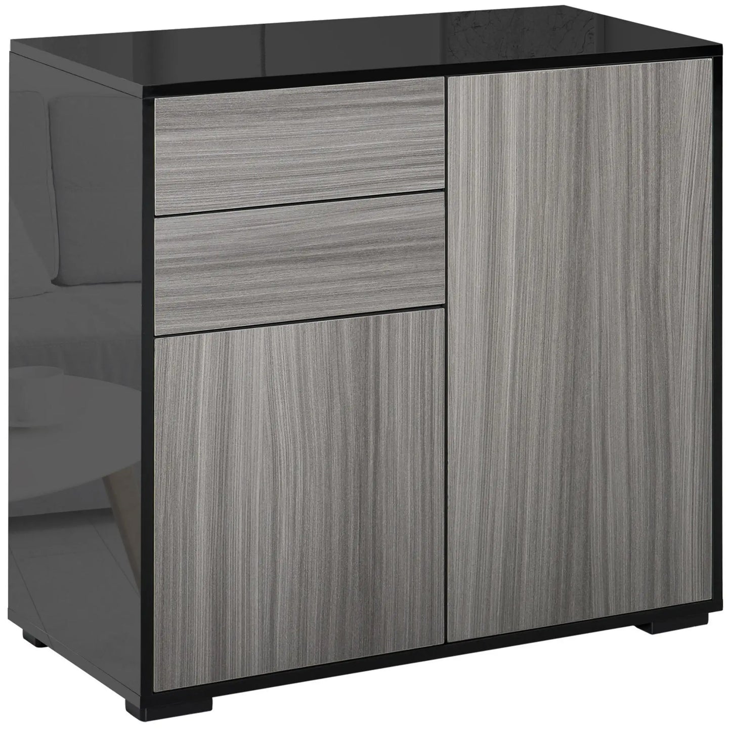 High Gloss Buffet Sideboard, 2 Drawers, 2 Doors, Adjustable Shelf, Kitchen Cabinet, Grey Black