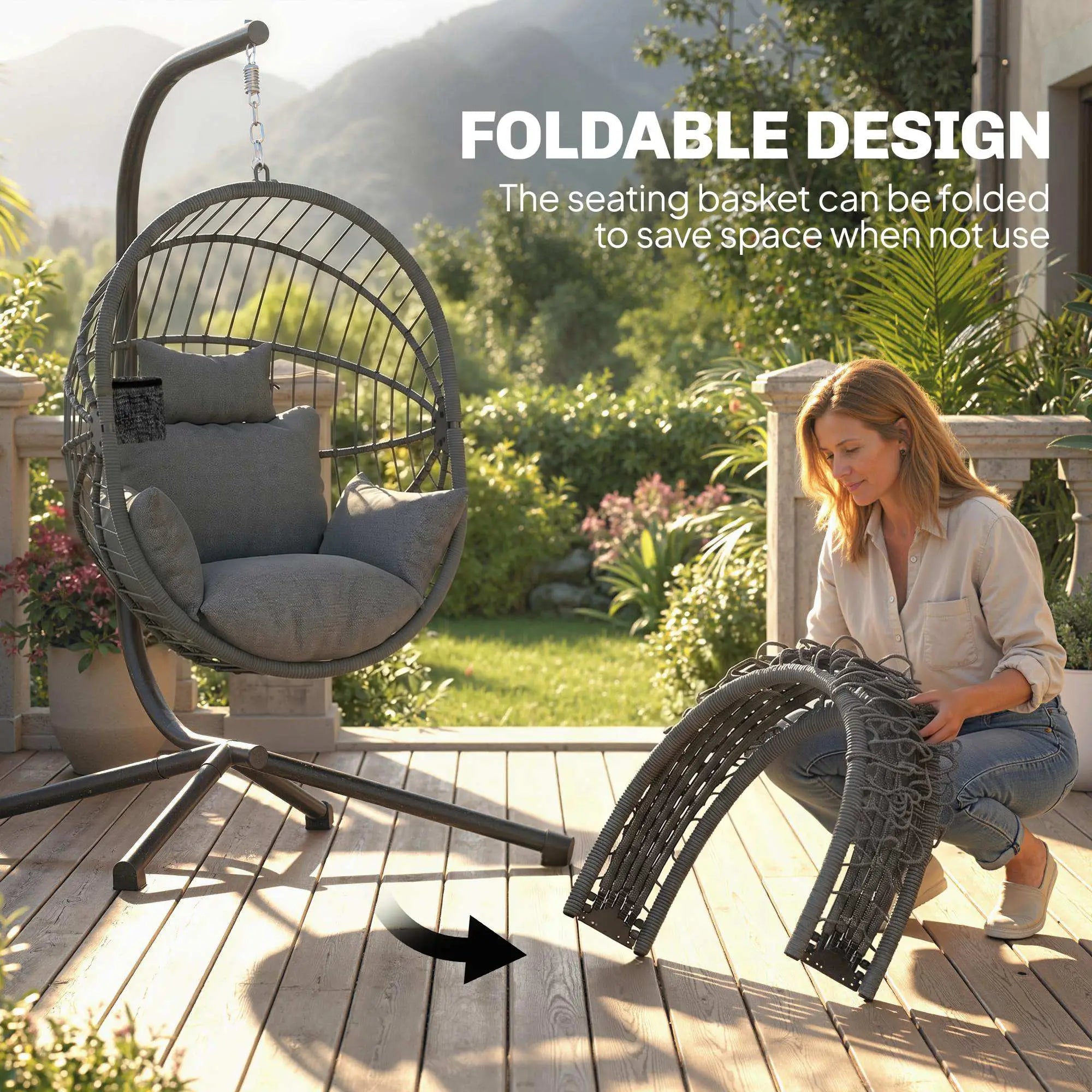 Metal Hanging Egg Chair, Full Body Padded Seat, Grey Patio Swings with Stand at Gallery Canada