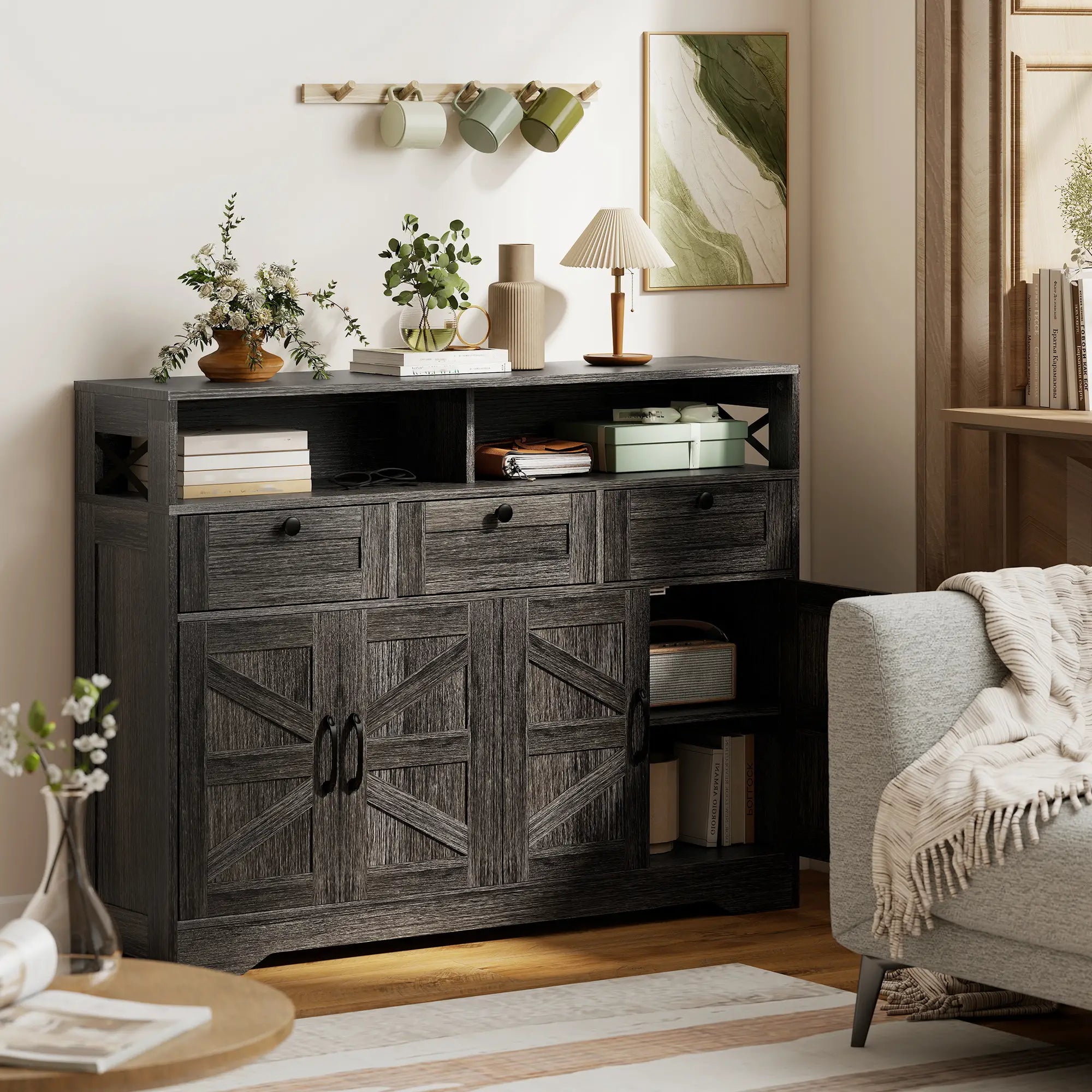 Sideboard Buffet Cabinet, 4 Barn Doors 3 Drawers, Coffee Bar, Adjustable Shelves, Dark Brown Bar Cabinets at Gallery Canada
