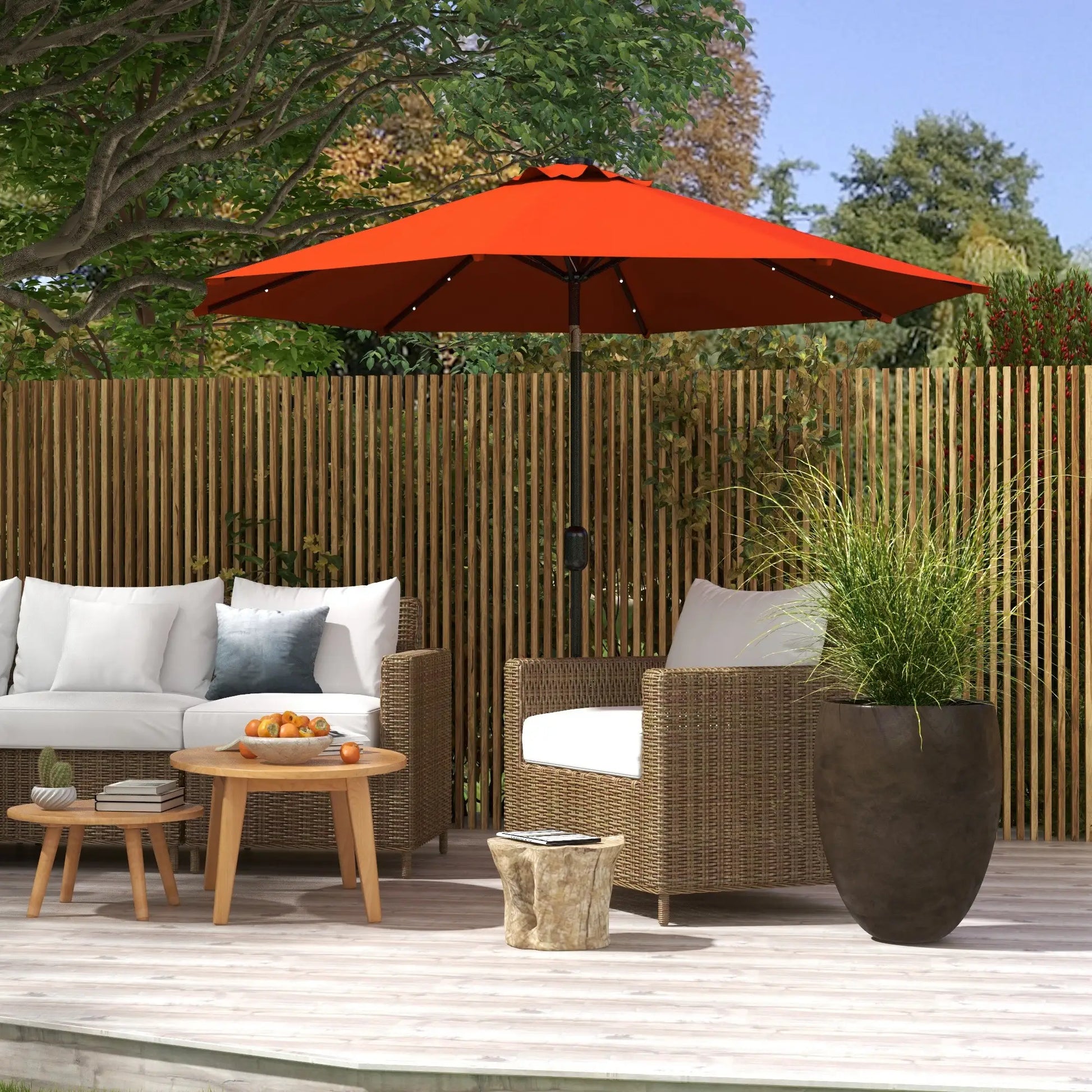 9ft Solar Patio Umbrella, 24 LED Lights, Tilt Canopy, Orange Sun Umbrellas at Gallery Canada