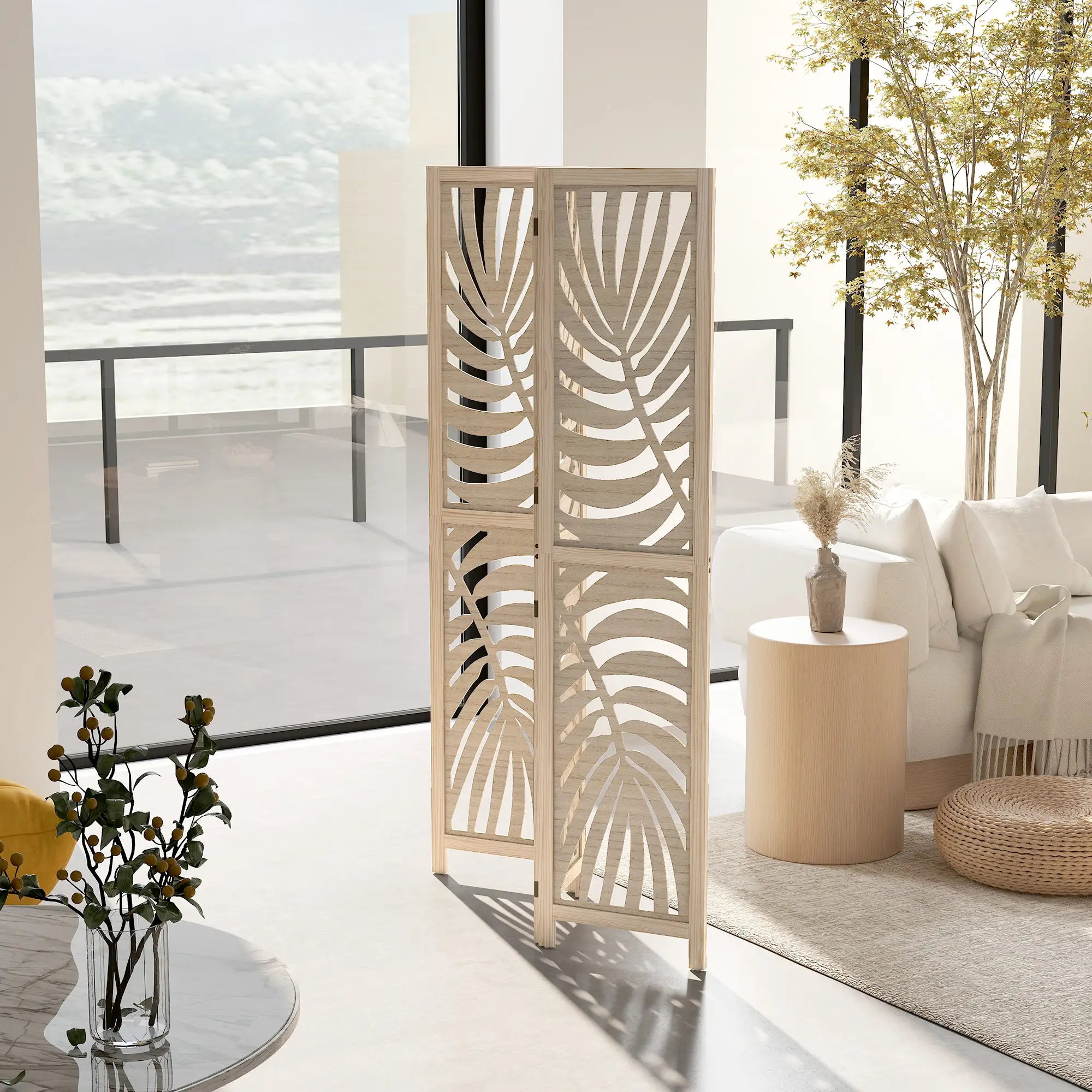 3 Panel Room Divider, Detachable Folding Privacy Screen, Palm Leaf Design, Natural Wood Finish Room Dividers at Gallery Canada