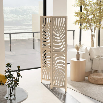 3 Panel Room Divider, Detachable Folding Privacy Screen, Palm Leaf Design, Natural Wood Finish Room Dividers at Gallery Canada