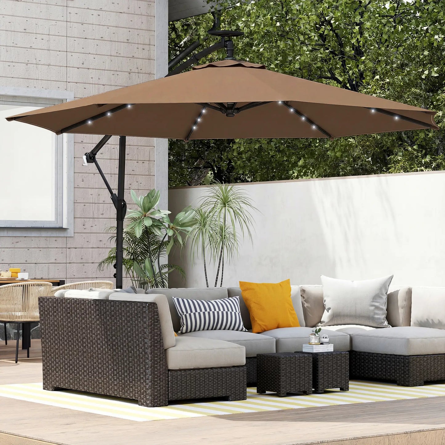 9.7 ft Cantilever Patio Umbrella, Solar Light, Tilt, Crank, Khaki Offset Cantilever Umbrellas at Gallery Canada