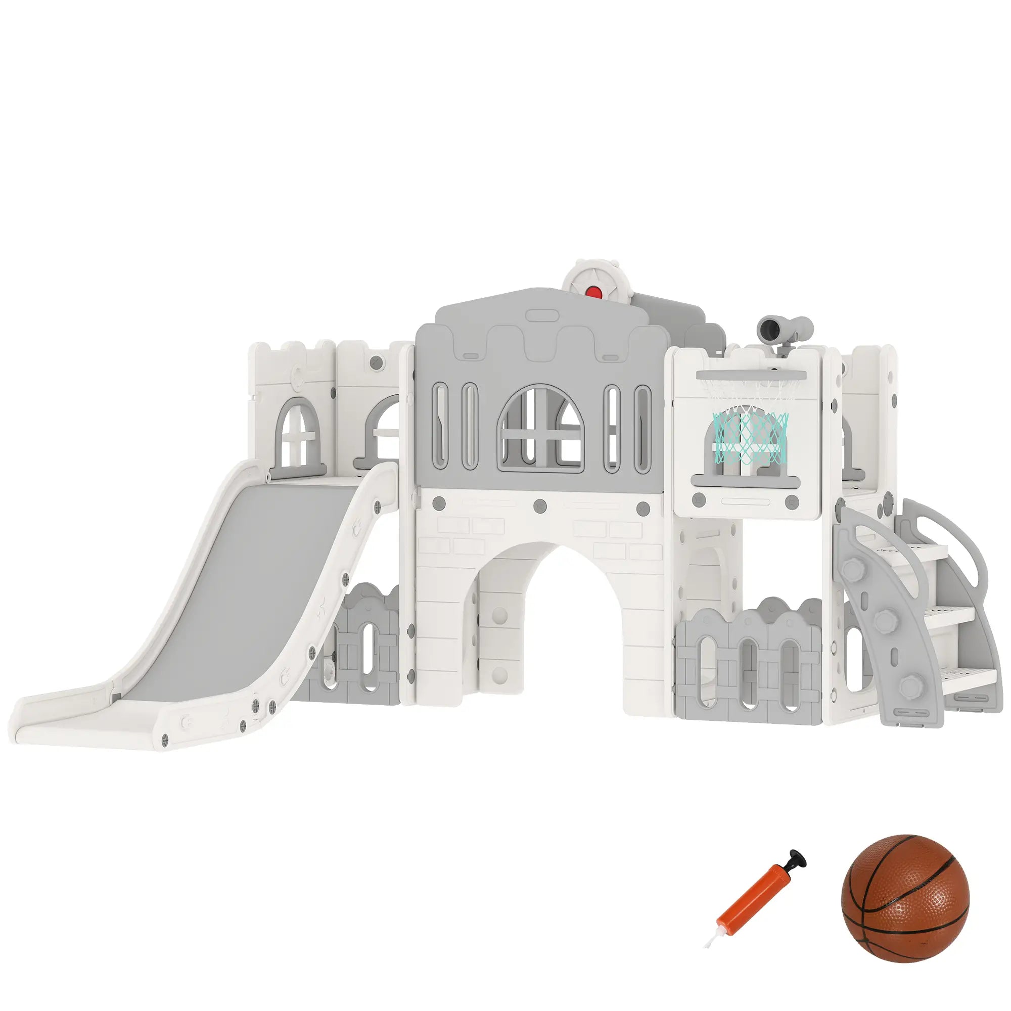 7-In-1 Toddler Slide With Basketball Hoop, Climber, Tunnel, Grey Gym Sets & Swings at Gallery Canada