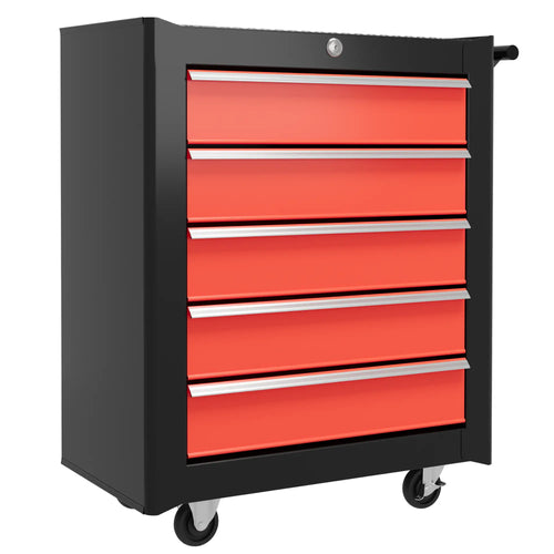 5 Drawer Roller Tool Chest, Lockable Toolbox, Storage Organizer, Black Red