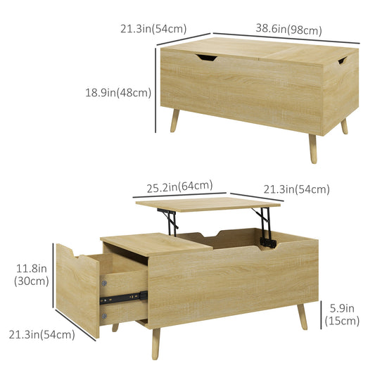 Coffee Table with Wood Legs, Lift Top Coffee Table with Drawer, Hidden Compartment, 38.6" x 21.3" x 18.9", Natural at Gallery Canada