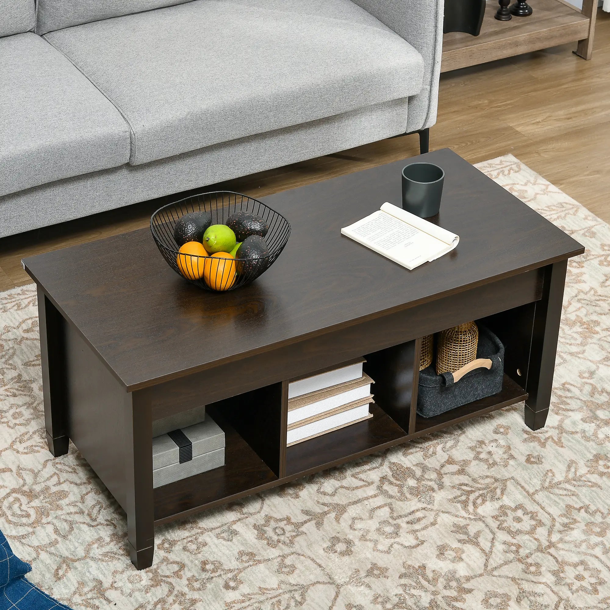 Lift Top Coffee Table, Hidden Storage, 3 Shelves, Espresso Coffee Tables at Gallery Canada