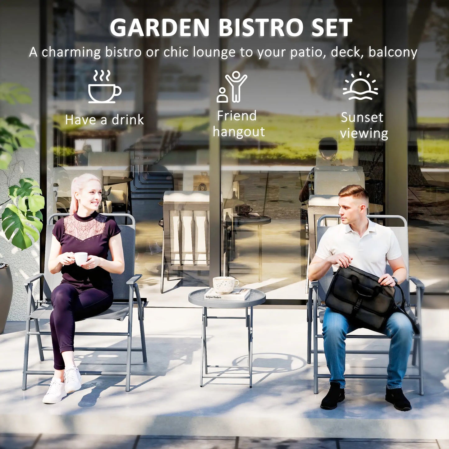 3 Pc Outdoor Bistro Set, Folding Patio Table and Chairs, Tempered Glass Tabletop Bistro Sets at Gallery Canada