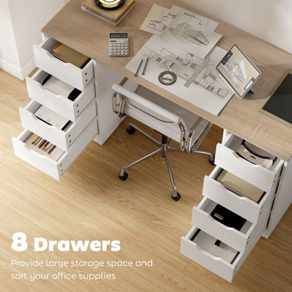 Desk With 8 Drawers, 55.1"W, White, Modern Computer Desk, White