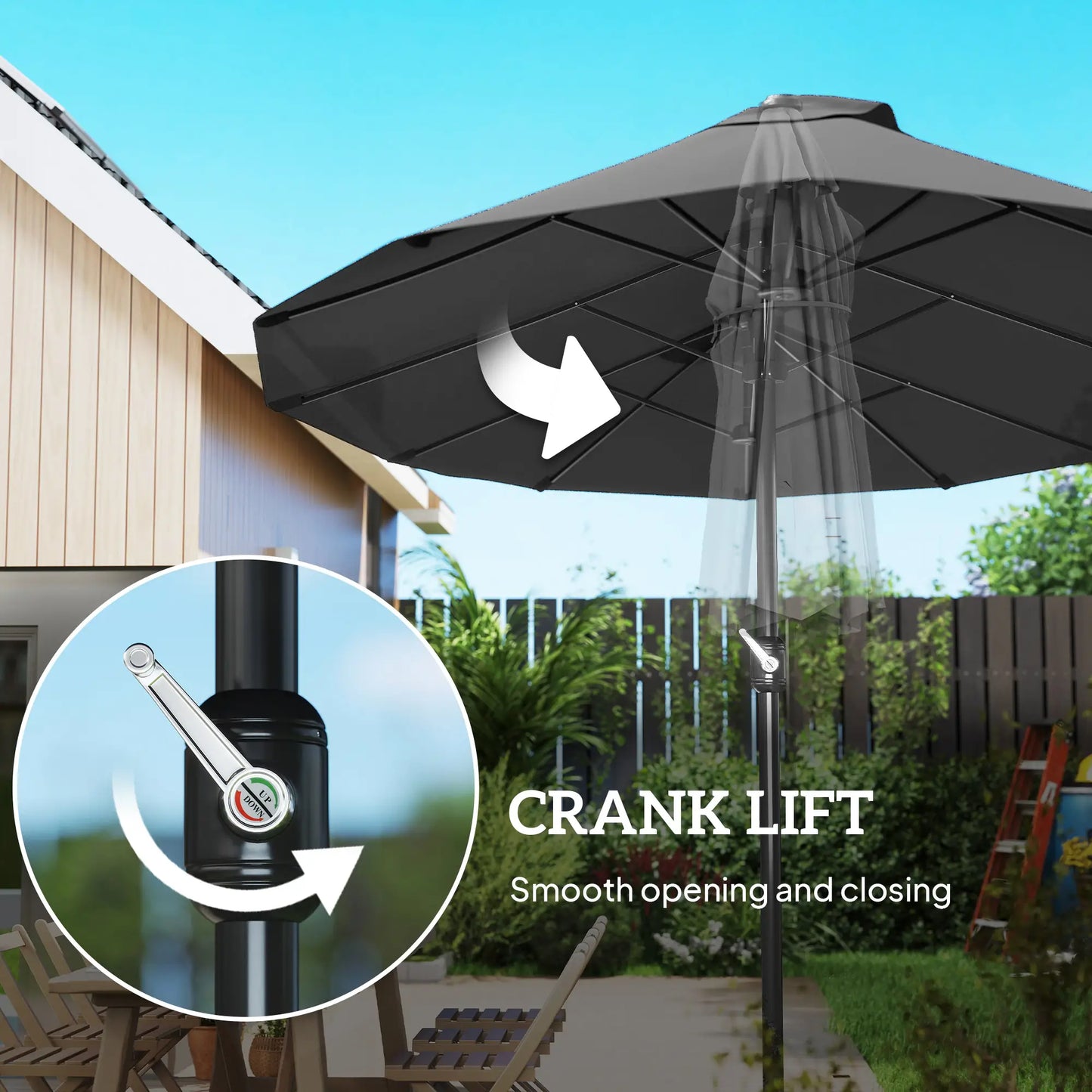15ft Double-Sided Sun Umbrella, Twin Canopy, Crank, Black Sun Umbrellas at Gallery Canada