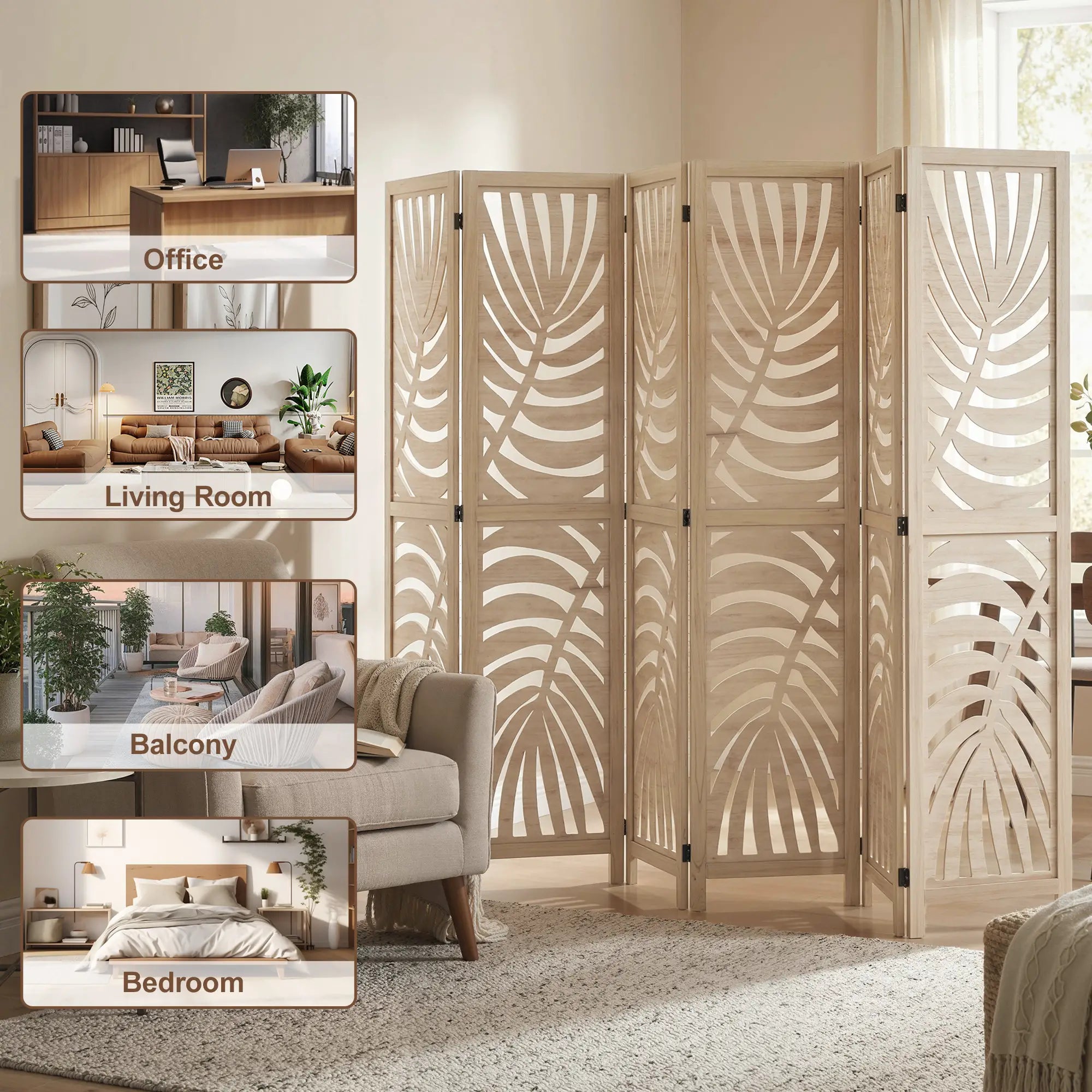 6 Panel Room Divider, Detachable Folding Privacy Screen, Palm Leaf Design, Natural Wood Room Dividers at Gallery Canada