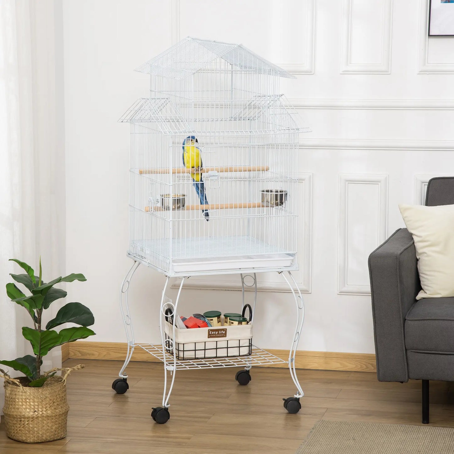 53.9'' Large Rolling Bird Cage with Stand, Shelf, Perch, White Bird Cages at Gallery Canada