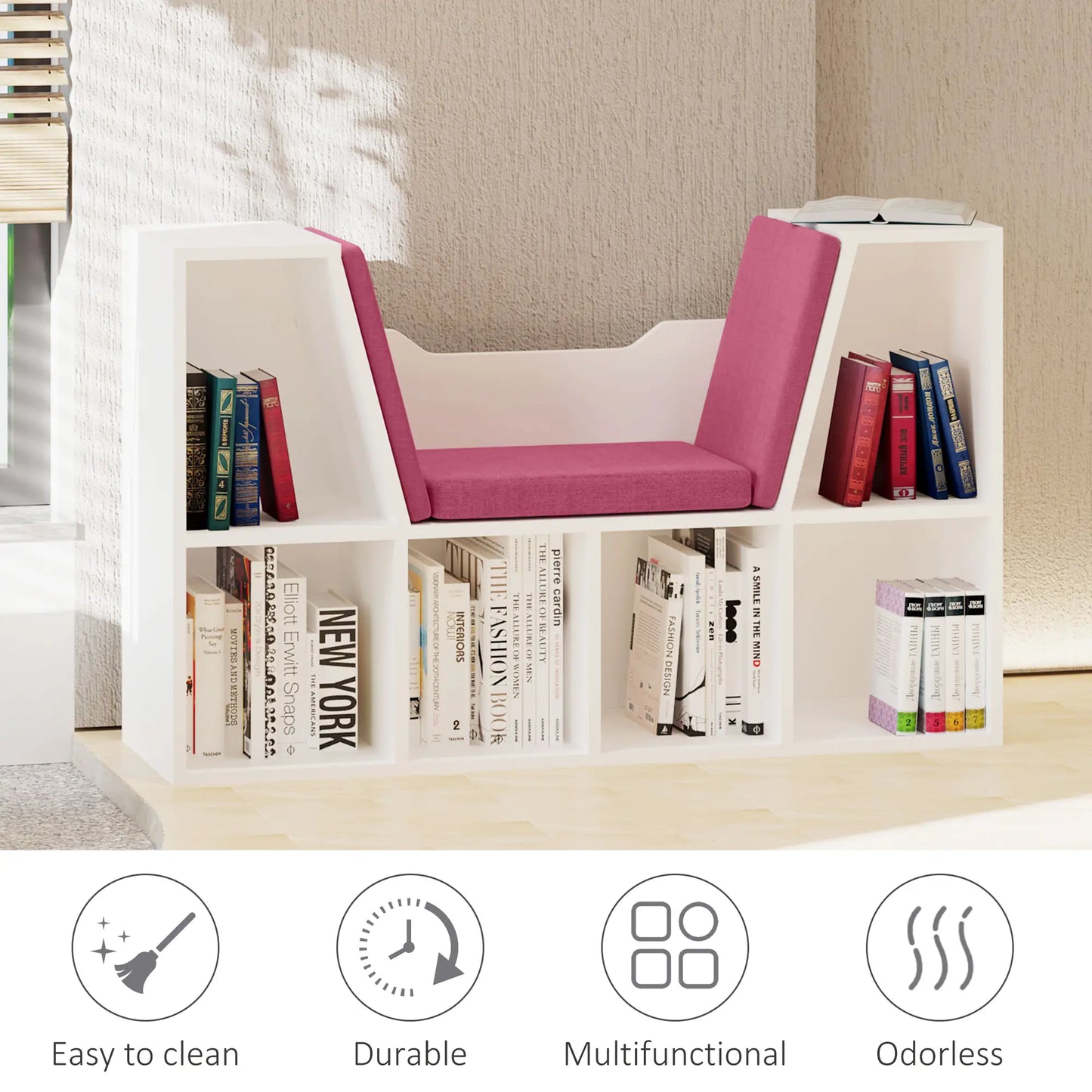 6-Cubby Bookcase with Seat Cushion, Cube Storage Shelf, Pink Small Bookshelves at Gallery Canada