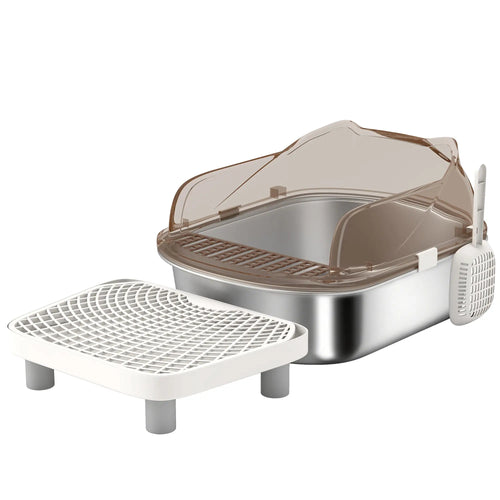 Stainless Steel Cat Litter Box, High Sided Enclosure, Step, Scoop
