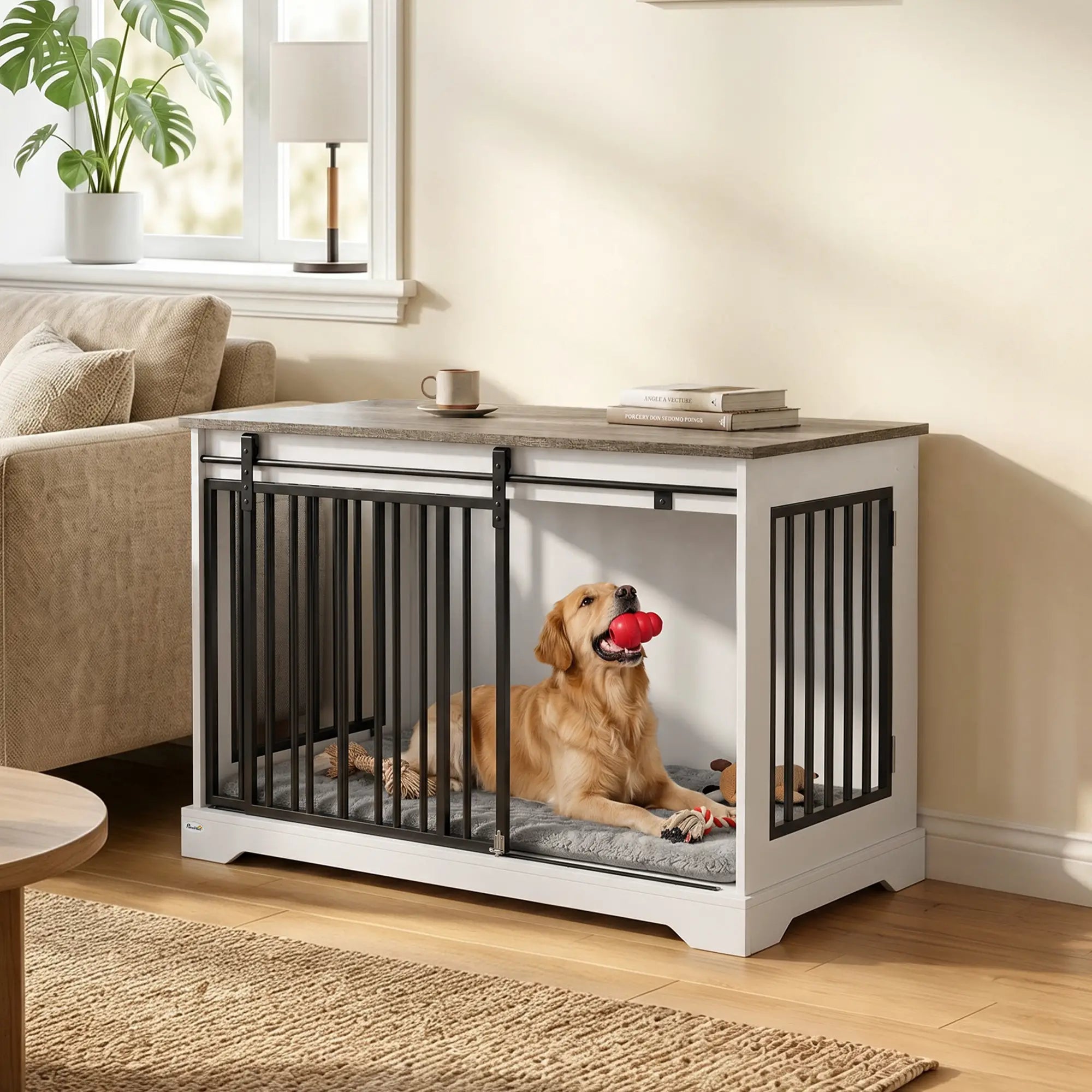 Dog Crate Furniture 100 cm, Sliding Barn Door, Large Breeds, White Dog Cages & Crates at Gallery Canada