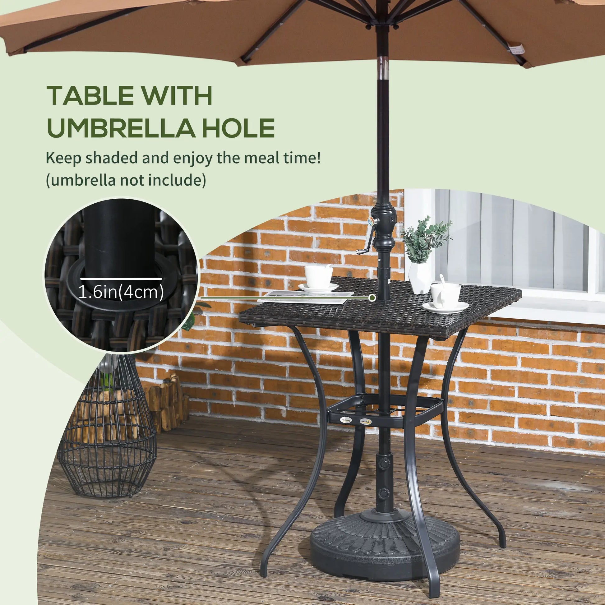 34 Inch Outdoor PE Rattan Dining Table, Umbrella Hole, Mixed Brown, Brown Patio Side Tables at Gallery Canada