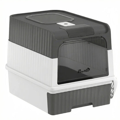 Enclosed Cat Litter Box with Drawer, Scoop, Grey