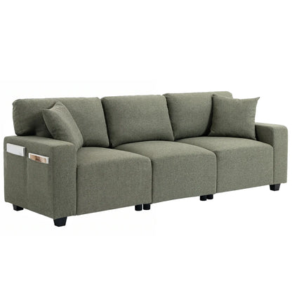 3 Seater Sofa With Storage Pockets, Modern Upholstered Couch, Green