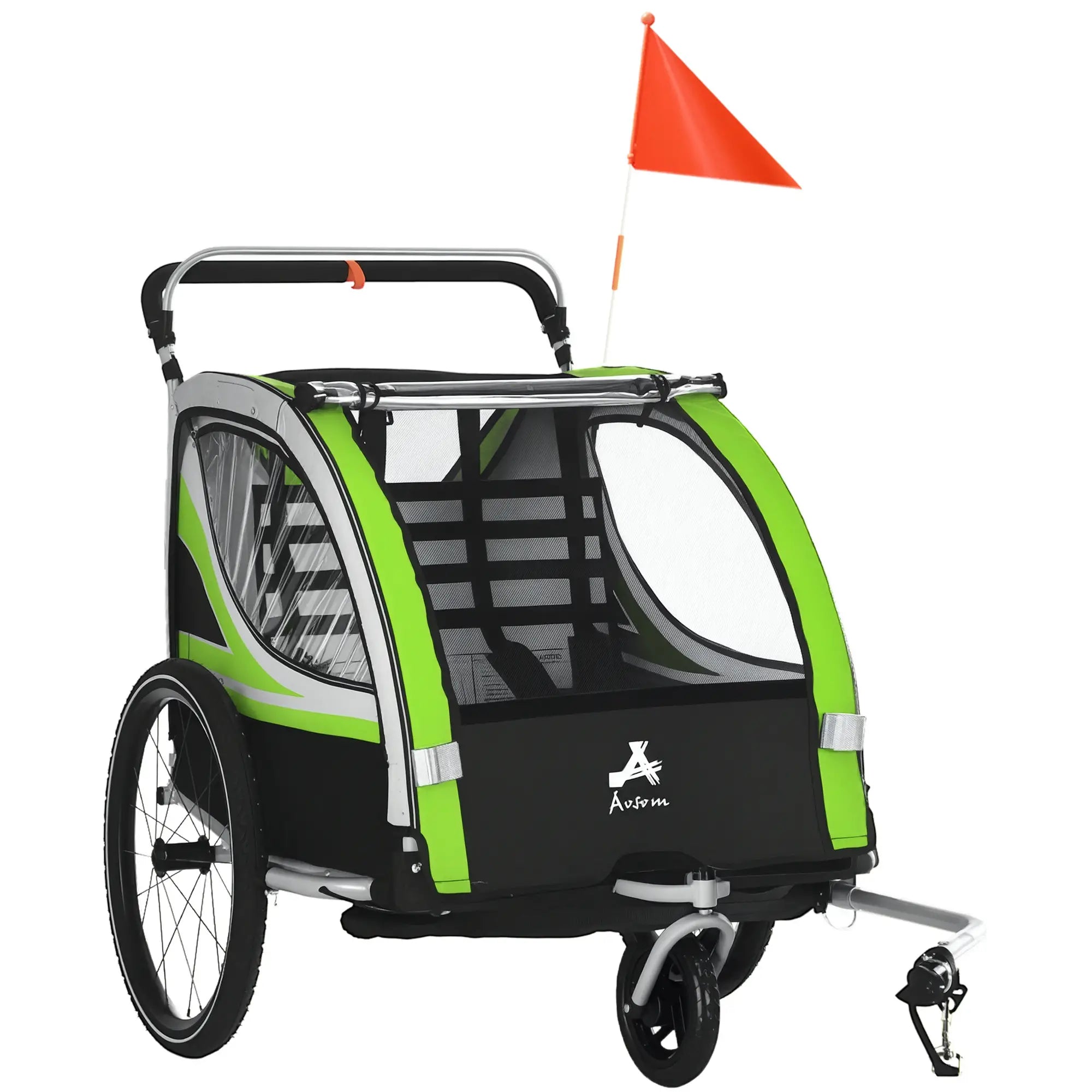 3-in-1 Bike Trailer, Running Stroller, 2 Seats, 5-Point Harness, Storage, Green Kids Bike Trailers at Gallery Canada